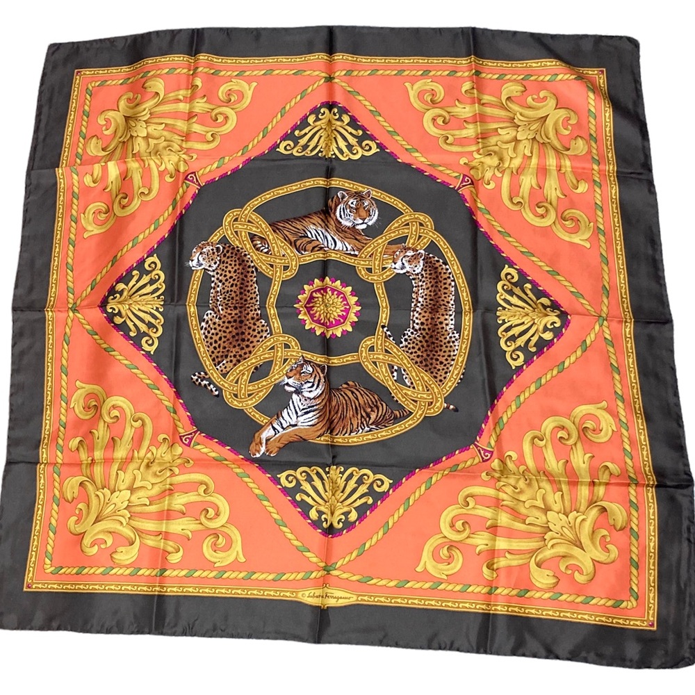 Salvatore Ferragamo Safari Tigers Gold Silk Scarf Vintage brown Orange